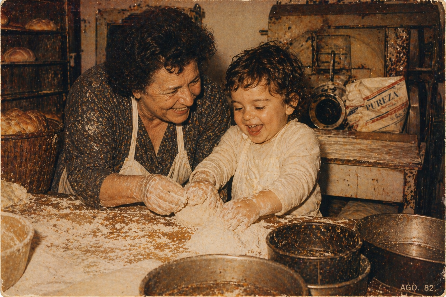 Luca Ferraro de niño en la panadería familiar